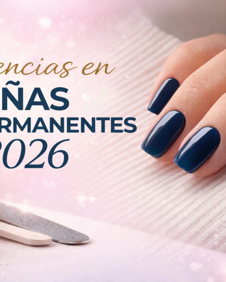 Portada horizontal con el texto “Tendencias en uñas semipermanentes 2026” y una manicura azul marino brillante junto a productos de manicura